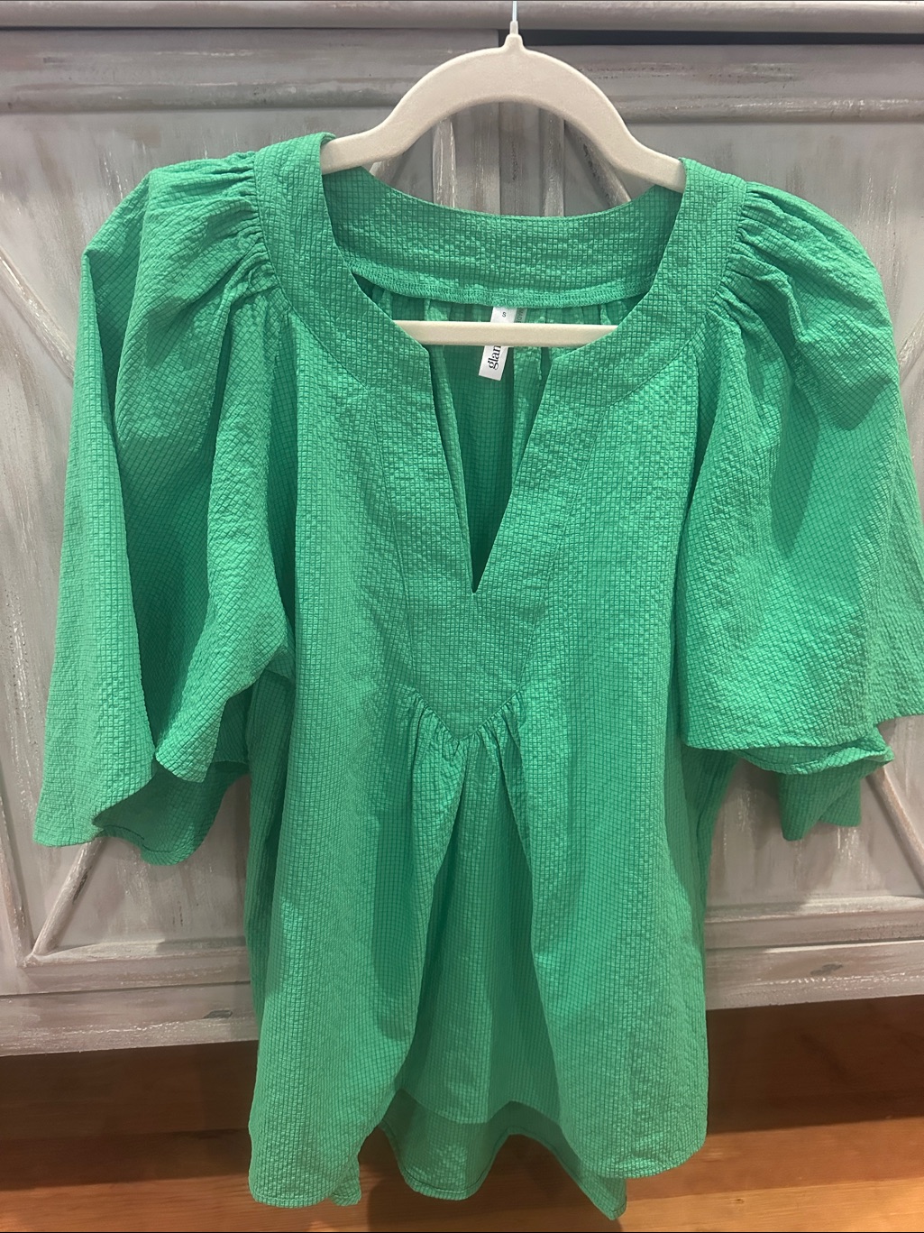 Glam Green Textured Puff-Sleeve Blouse